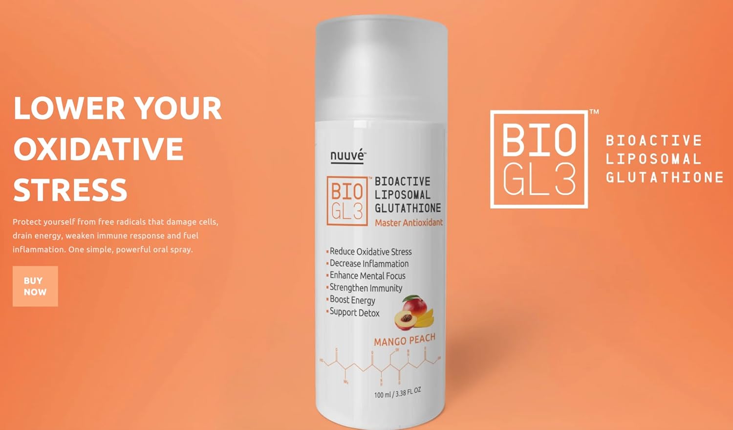 NUUVE BIOGL3 Liposomal Glutathione 446mg - Fast Absorption, Ultra Potent Pure Formula - Reduces Oxidative Stress and Inflammation, Boosts Energy, Supports Detox and Immune System, Enhances Focus