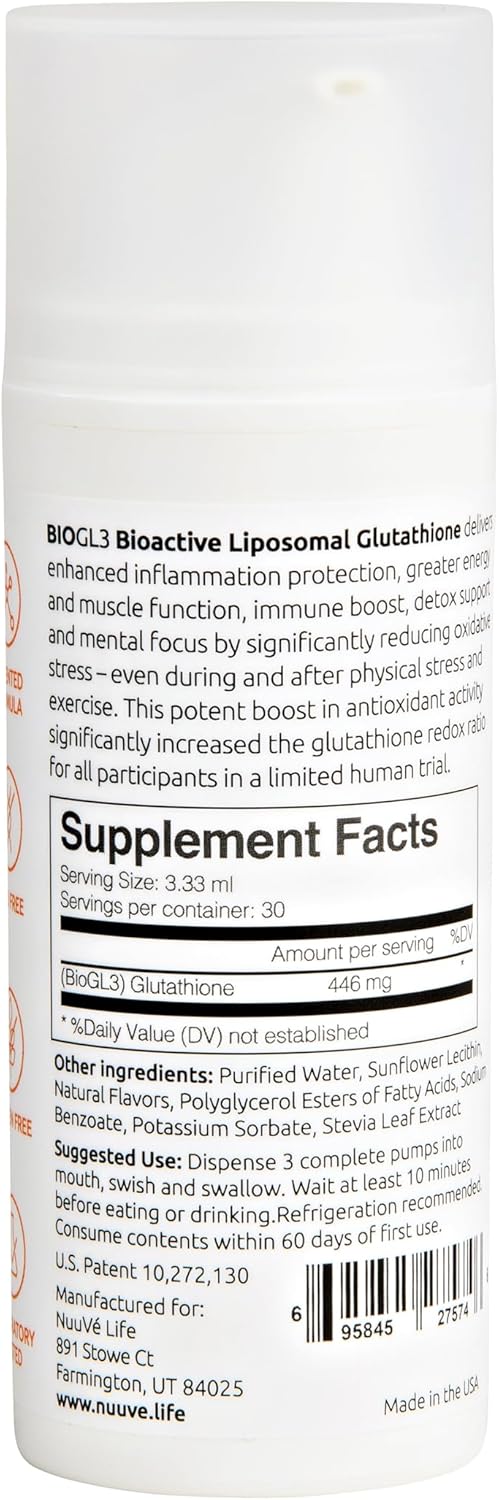 NUUVE BIOGL3 Liposomal Glutathione 446mg - Fast Absorption, Ultra Potent Pure Formula - Reduces Oxidative Stress and Inflammation, Boosts Energy, Supports Detox and Immune System, Enhances Focus