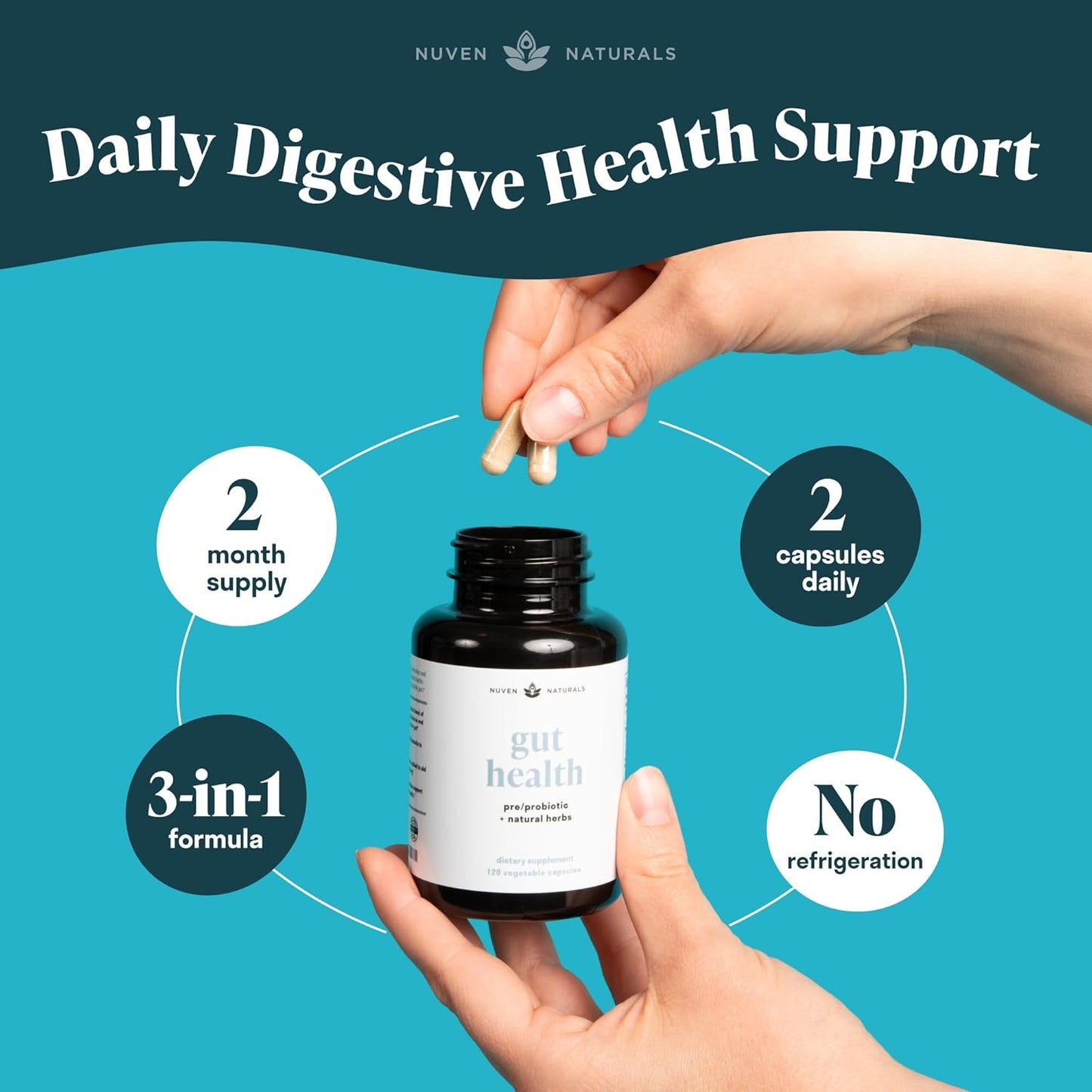 Nuven Naturals All-in-One Gut Health Formula with Probiotics, Prebiotics, and Digestion-Supporting Herbs