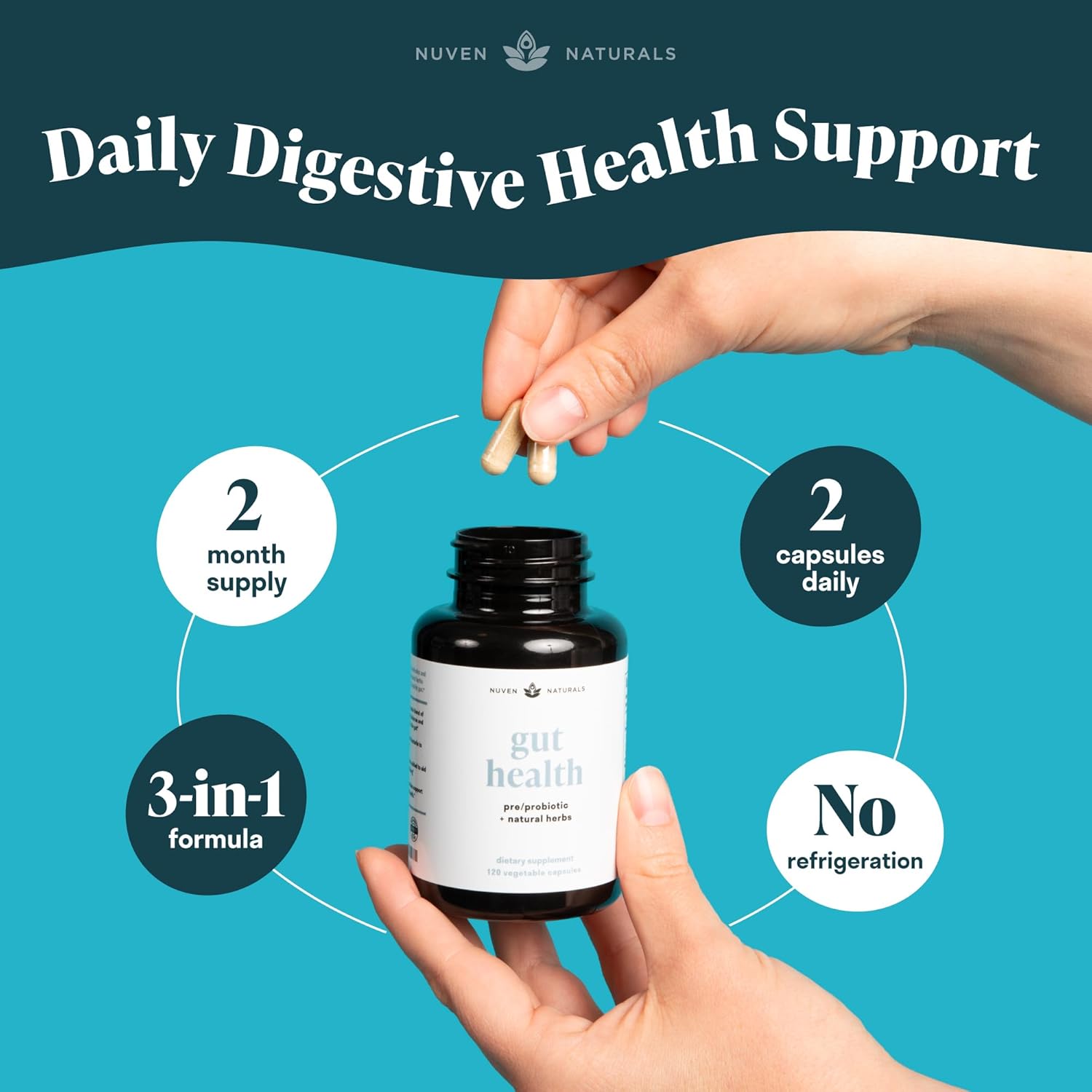 Nuven Naturals All-in-One Gut Health Formula with Probiotics, Prebiotics, and Digestion-Supporting Herbs