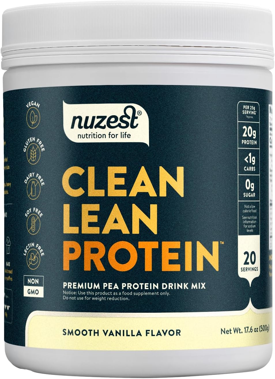 Nuzest Clean Lean Protein Powder - Premium Vegan Plant Based, Dairy Free, Gluten Free, GMO Free, Vanilla Flavor, 20 Servings, 1.1 lb