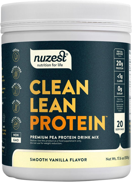 Nuzest Clean Lean Protein Powder - Premium Vegan Plant Based, Dairy Free, Gluten Free, GMO Free, Vanilla Flavor, 20 Servings, 1.1 lb