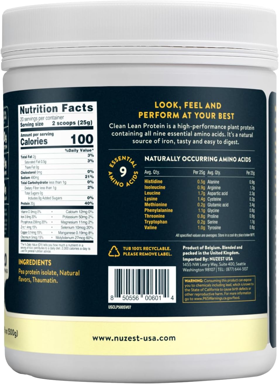Nuzest Clean Lean Protein Powder - Premium Vegan Plant Based, Dairy Free, Gluten Free, GMO Free, Vanilla Flavor, 20 Servings, 1.1 lb