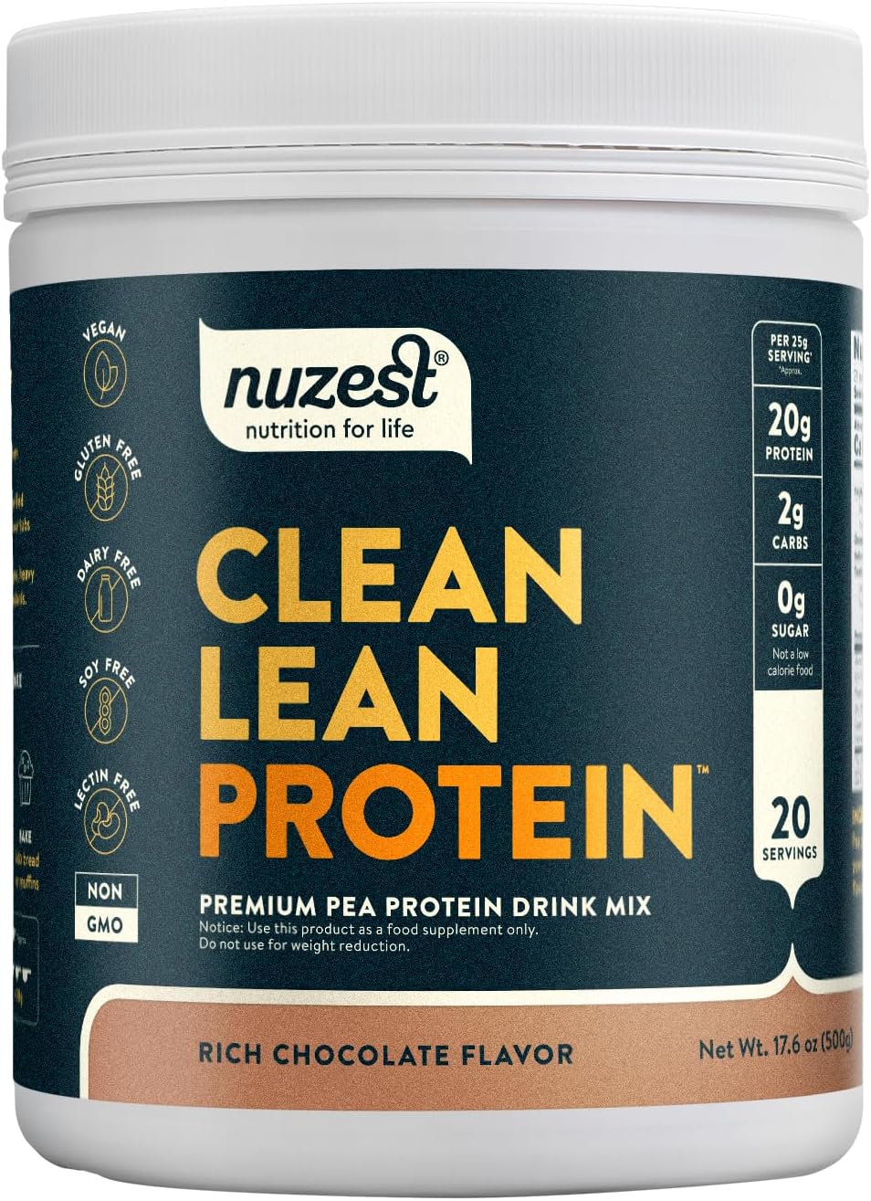 Nuzest Clean Lean Protein Powder, Rich Chocolate Flavor - Premium Vegan Pea Protein Shake, Dairy/Gluten/GMO Free - 20 Servings, 1.1 lb