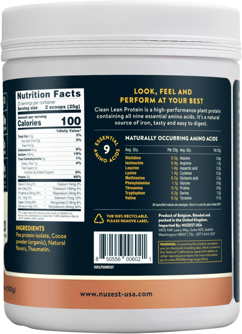 Nuzest Clean Lean Protein Powder, Rich Chocolate Flavor - Premium Vegan Pea Protein Shake, Dairy/Gluten/GMO Free - 20 Servings, 1.1 lb
