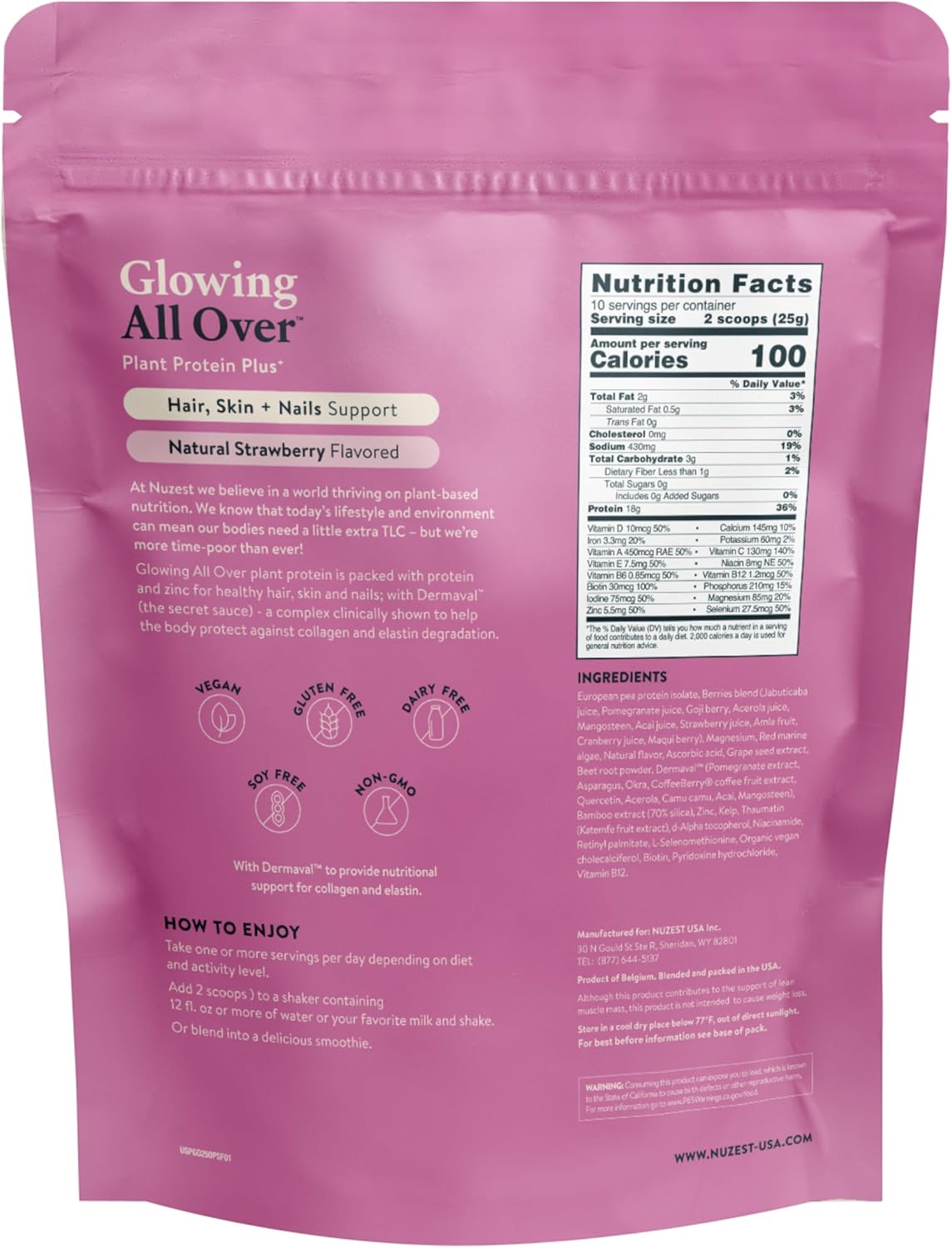 Nuzest Protein Plus Strawberry Powder for Healthy Hair, Skin, and Nails - 8.8oz (10 Servings)