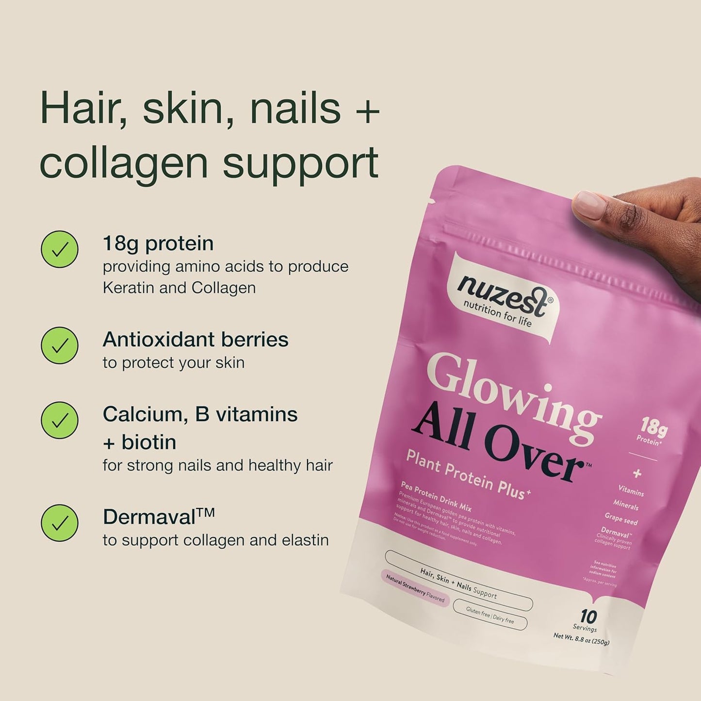 Nuzest Protein Plus Strawberry Powder for Healthy Hair, Skin, and Nails - 8.8oz (10 Servings)