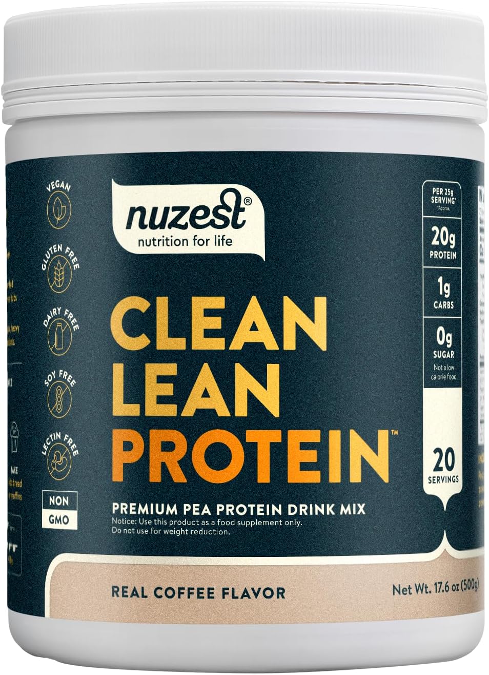 Nuzest Real Coffee Pea Protein Powder - Premium Vegan Plant Based Protein Shake, Dairy Gluten GMO Free - 20 Servings 1.1 lb