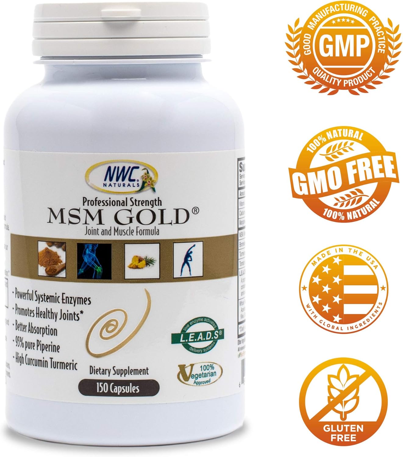 NWC Naturals MSM Gold Systemic Enzyme Capsules - 150 Count, All-Natural Vegetarian Formula for Healthy Joints and Muscles