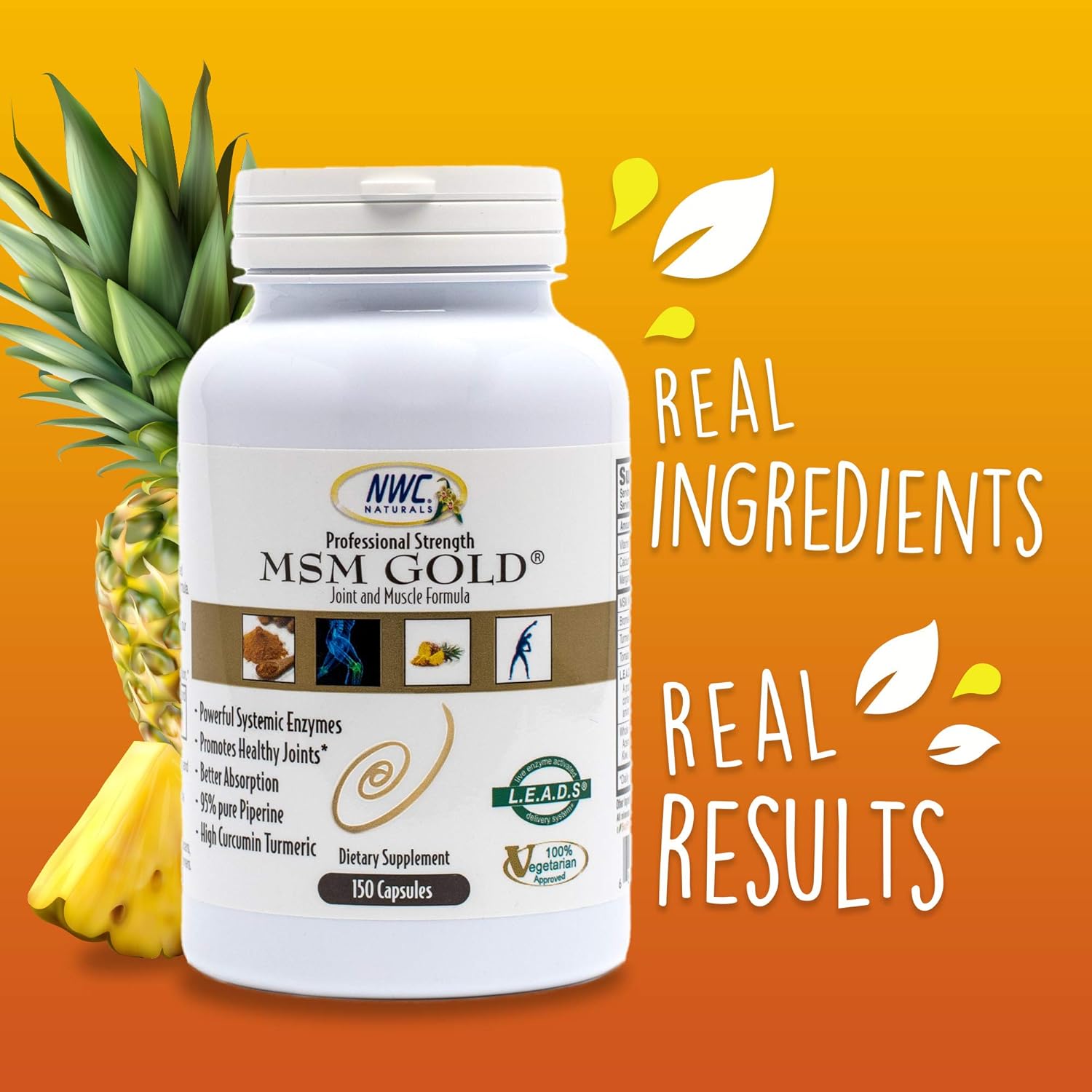 NWC Naturals MSM Gold Systemic Enzyme Capsules - 150 Count, All-Natural Vegetarian Formula for Healthy Joints and Muscles
