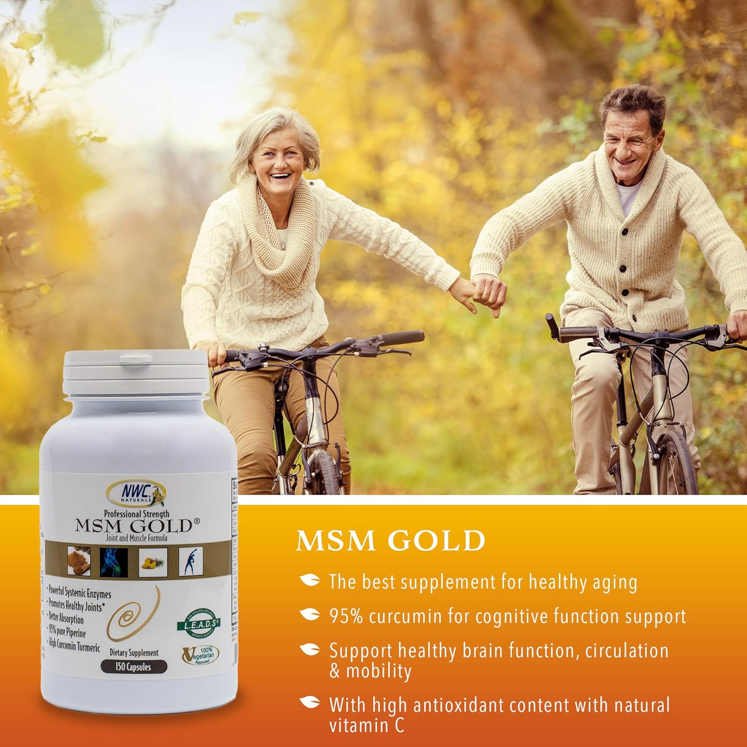 NWC Naturals MSM Gold Systemic Enzyme Capsules - 150 Count, All-Natural Vegetarian Formula for Healthy Joints and Muscles
