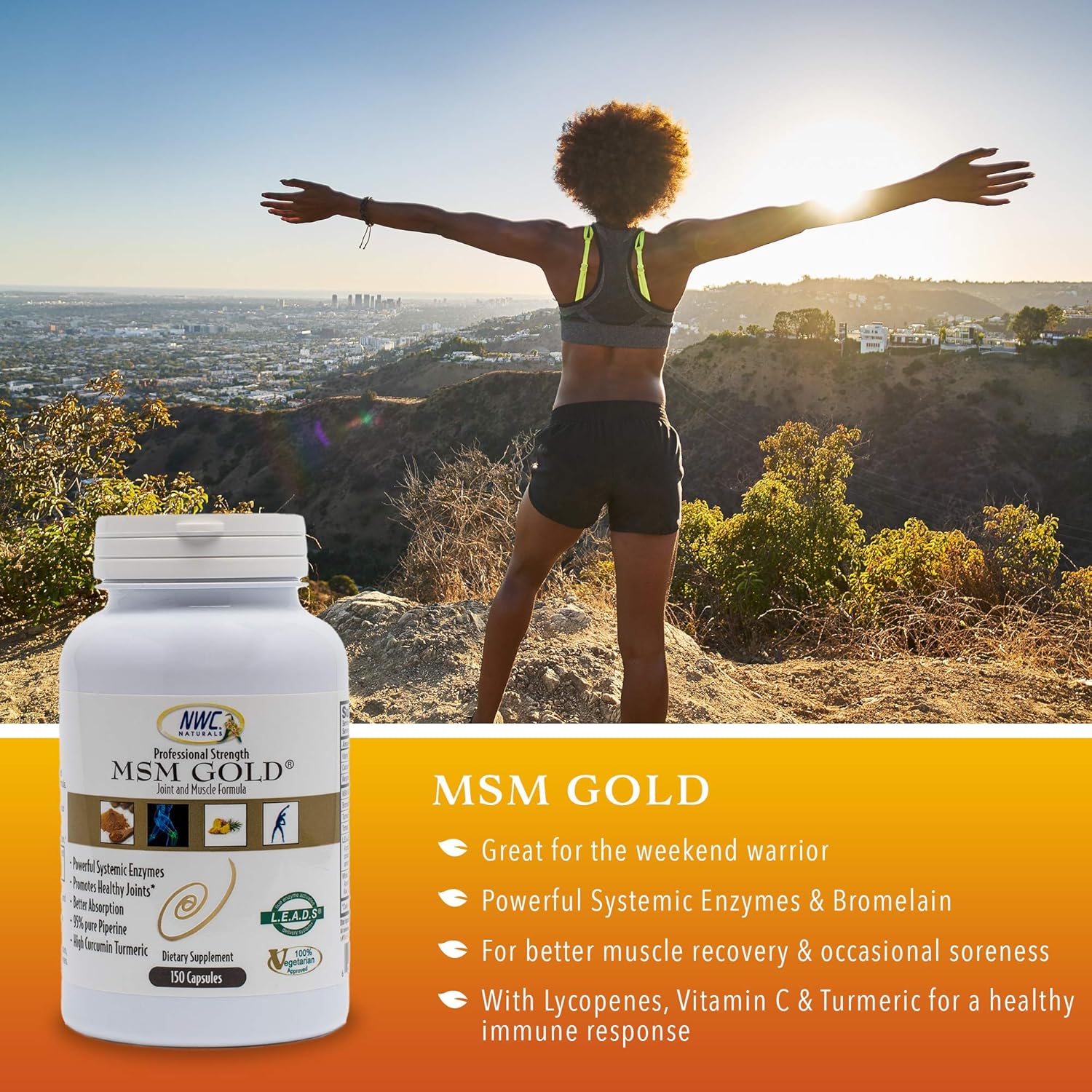 NWC Naturals MSM Gold Systemic Enzyme Capsules - 150 Count, All-Natural Vegetarian Formula for Healthy Joints and Muscles