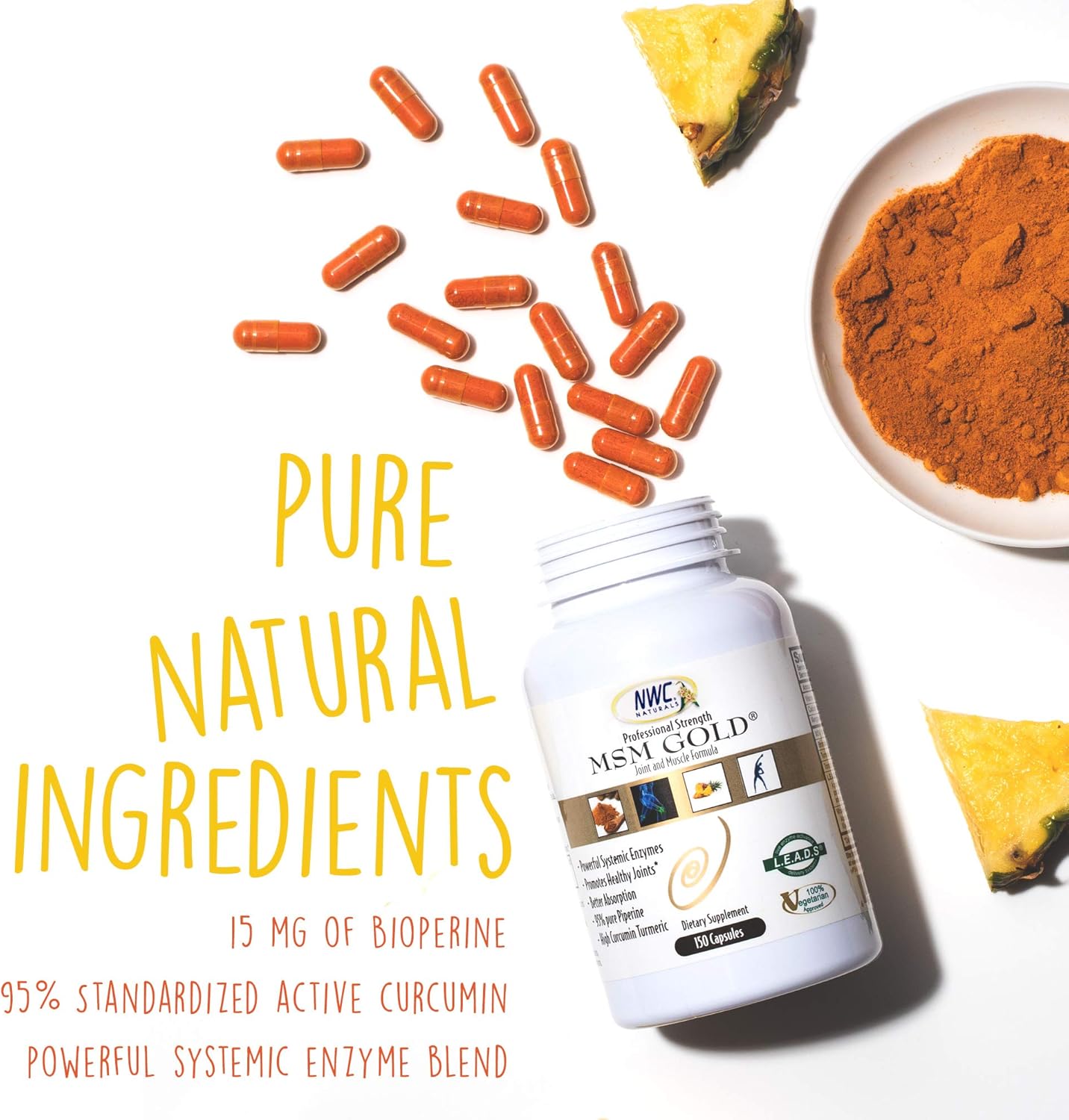 NWC Naturals MSM Gold Systemic Enzyme Capsules - 150 Count, All-Natural Vegetarian Formula for Healthy Joints and Muscles