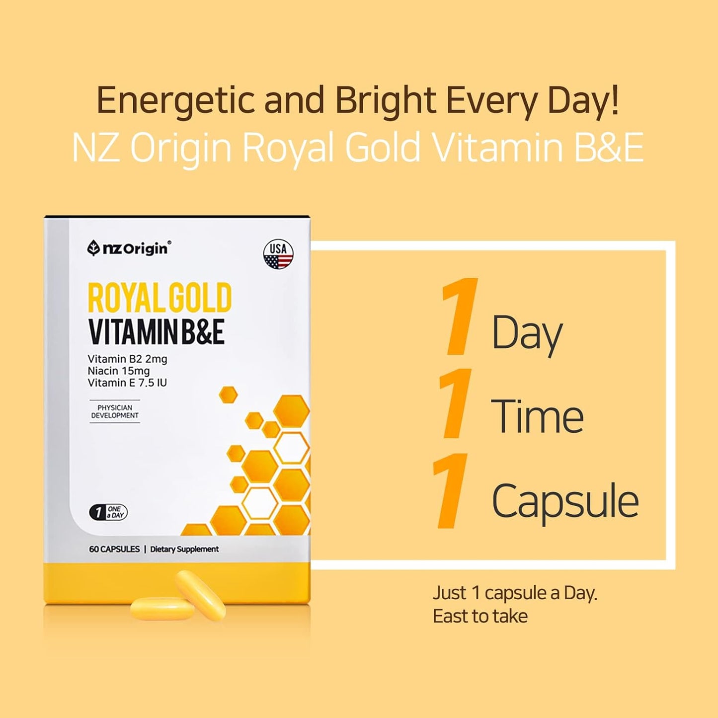 NZ Origin Royal Gold Vitamin B&E Capsules - 60 Count Bottle with Niacin 15mg - Men, Women, Kids Dietary Supplements for Cell Protection and Energy Production