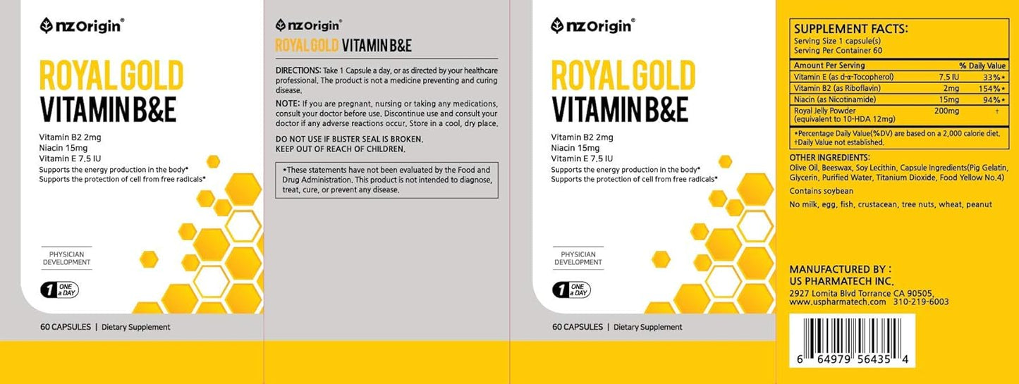 NZ Origin Royal Gold Vitamin B&E Capsules - 60 Count Bottle with Niacin 15mg - Men, Women, Kids Dietary Supplements for Cell Protection and Energy Production