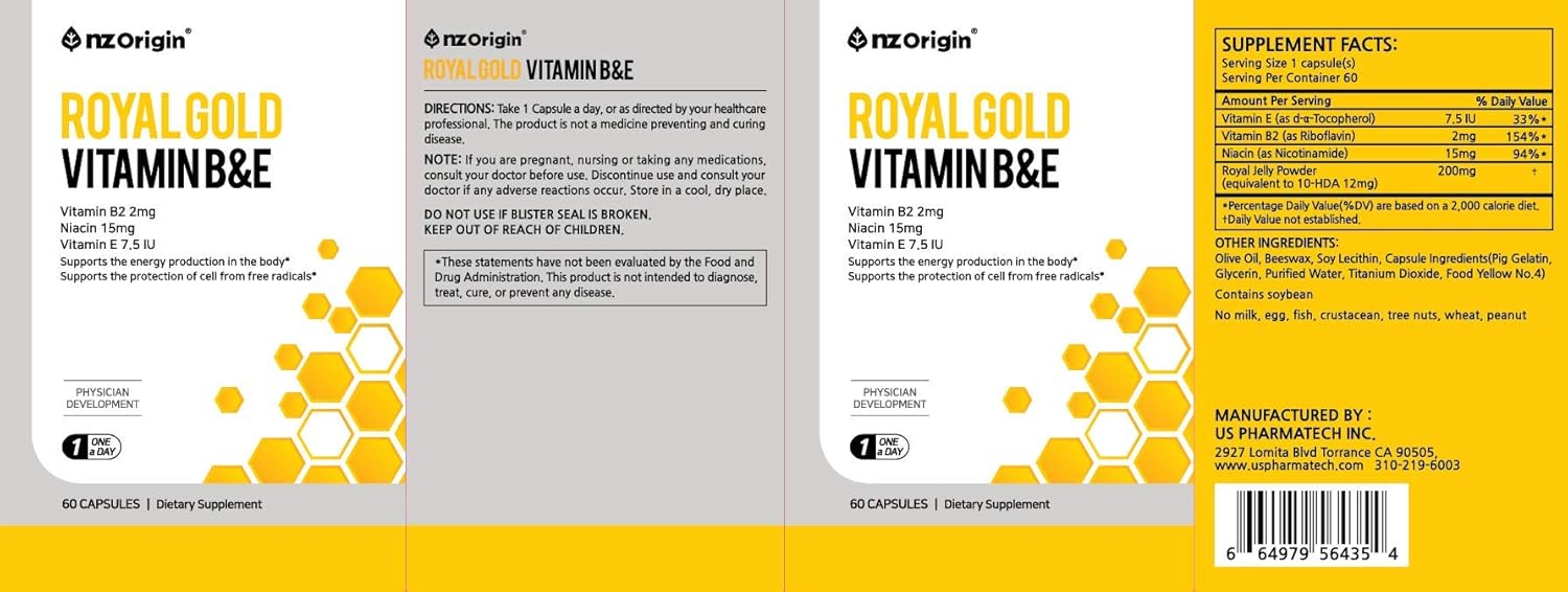 NZ Origin Royal Gold Vitamin B&E Capsules - 60 Count Bottle with Niacin 15mg - Men, Women, Kids Dietary Supplements for Cell Protection and Energy Production