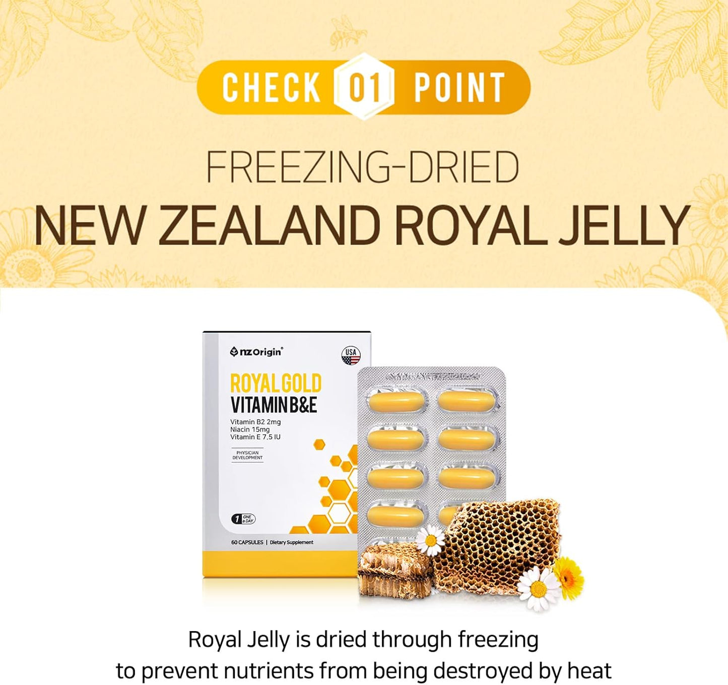 NZ Origin Royal Gold Vitamin B&E Capsules - 60 Count Bottle with Niacin 15mg - Men, Women, Kids Dietary Supplements for Cell Protection and Energy Production