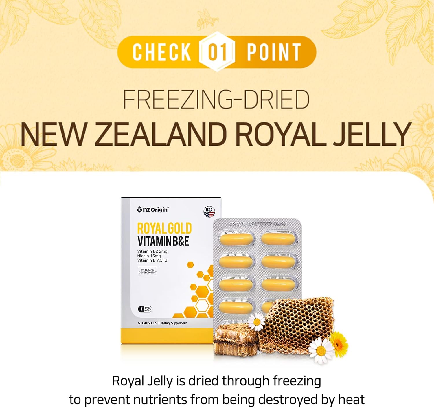 NZ Origin Royal Gold Vitamin B&E Capsules - 60 Count Bottle with Niacin 15mg - Men, Women, Kids Dietary Supplements for Cell Protection and Energy Production