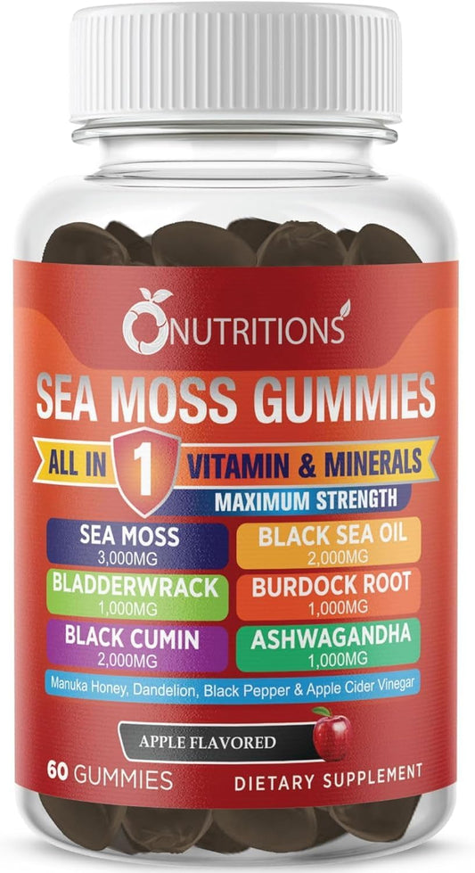 O Nutritons All-in-1 Supplement with Sea Moss, Black Seed Oil, Ashwagandha, and More: 3000mg Sea Moss, 2000mg Black Seed Oil, 1000mg Ashwagandha, Turmeric, Bladderwrack, Burdock, ACV, Black Pepper