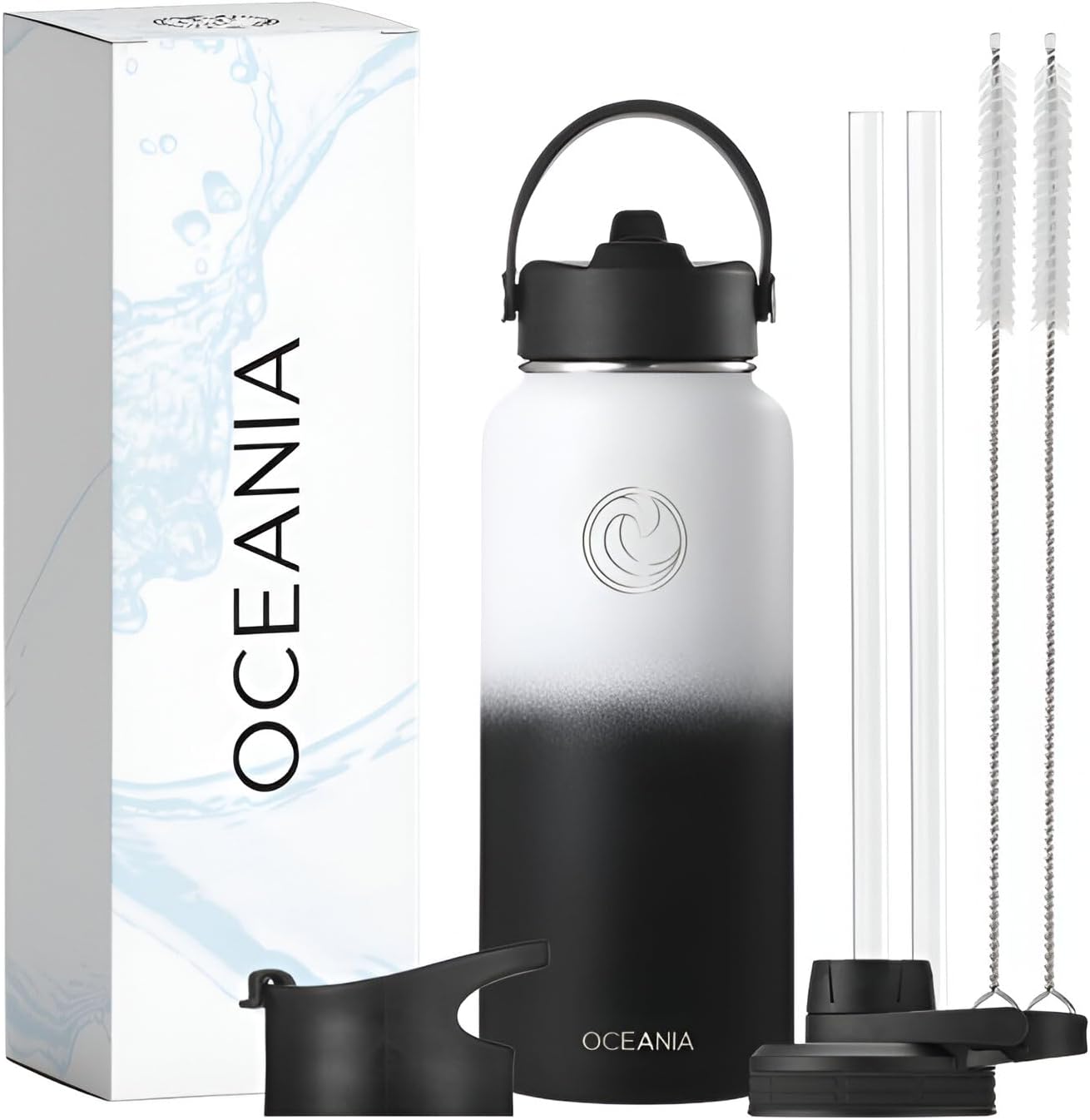 Oceania Flask 32oz Stainless Steel Water Bottle Set - Modern, Leakproof, Insulated with 3 Lids, Straws & Cleaning Brushes - BPA-Free Camping & Hiking Hydration