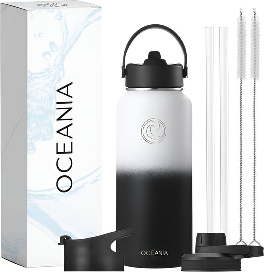 Oceania Flask 32oz Stainless Steel Water Bottle Set - Modern, Leakproof, Insulated with 3 Lids, Straws & Cleaning Brushes - BPA-Free Camping & Hiking Hydration