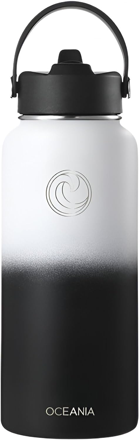 Oceania Flask 32oz Stainless Steel Water Bottle Set - Modern, Leakproof, Insulated with 3 Lids, Straws & Cleaning Brushes - BPA-Free Camping & Hiking Hydration