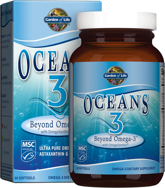 Oceans 3 Beyond Omega 3 Supplement - Garden of Life Ultra Pure EPA/DHA Fish Oil with Antioxidants, 60 Softgels