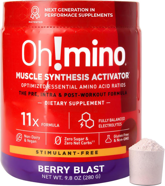Oh!mino BCAA Amino Acids Powder Supplement - Vegan Muscle Gain Recovery Drink - Non Caffeine, Non Dairy, Zero Sugar - 280g, 40 Servings (Berry Blast)