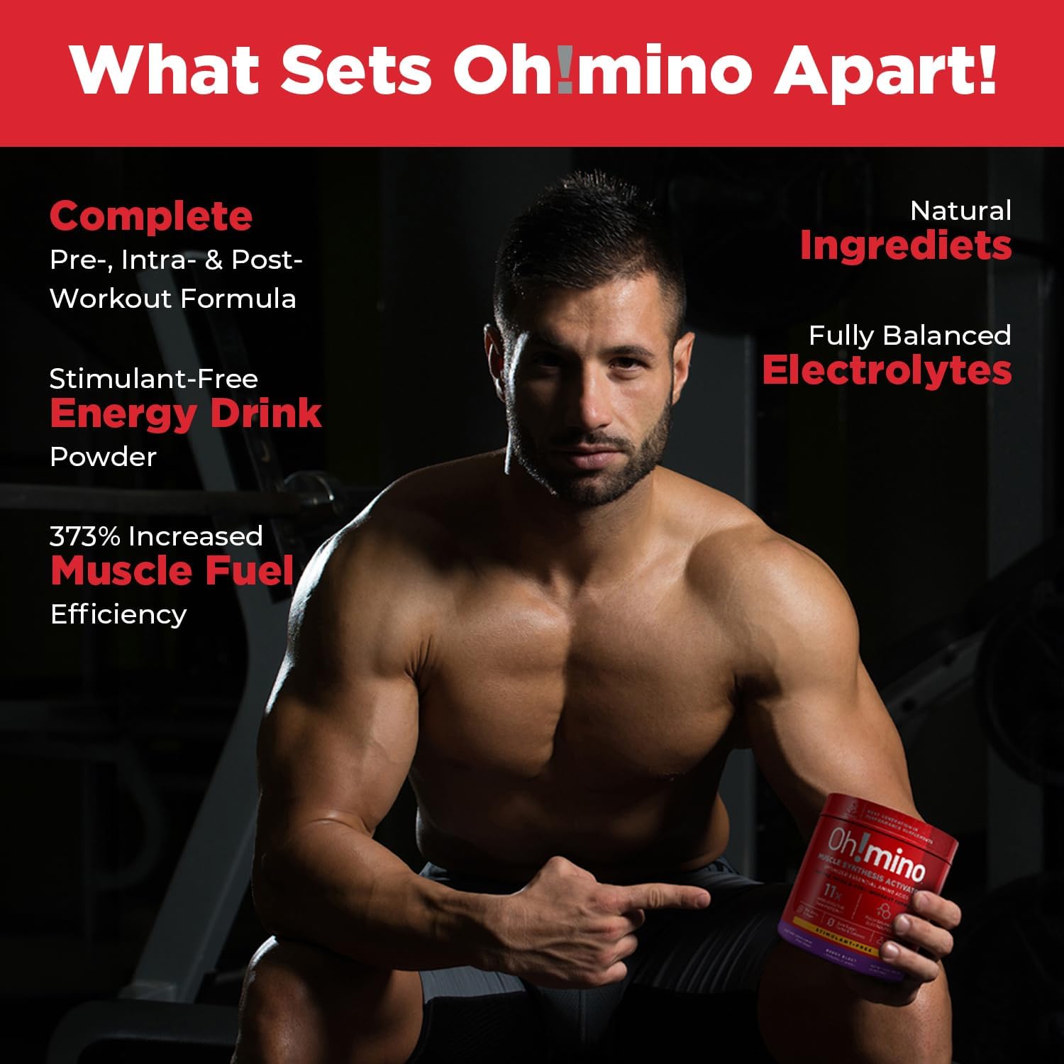 Oh!mino BCAA Amino Acids Powder Supplement - Vegan Muscle Gain Recovery Drink - Non Caffeine, Non Dairy, Zero Sugar - 280g, 40 Servings (Berry Blast)