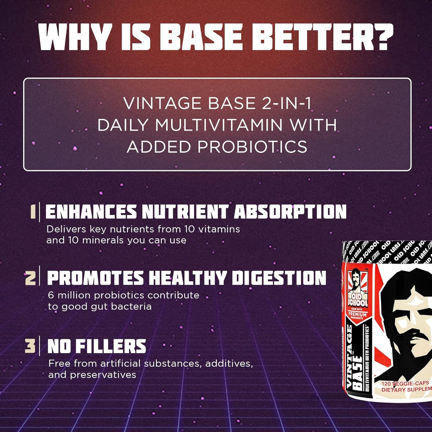 Old School Labs Vintage Base 2-in-1 Multivitamin & Probiotic - Daily Vitamins & Minerals for Digestion and Immune Support - 120 Veggie Capsules