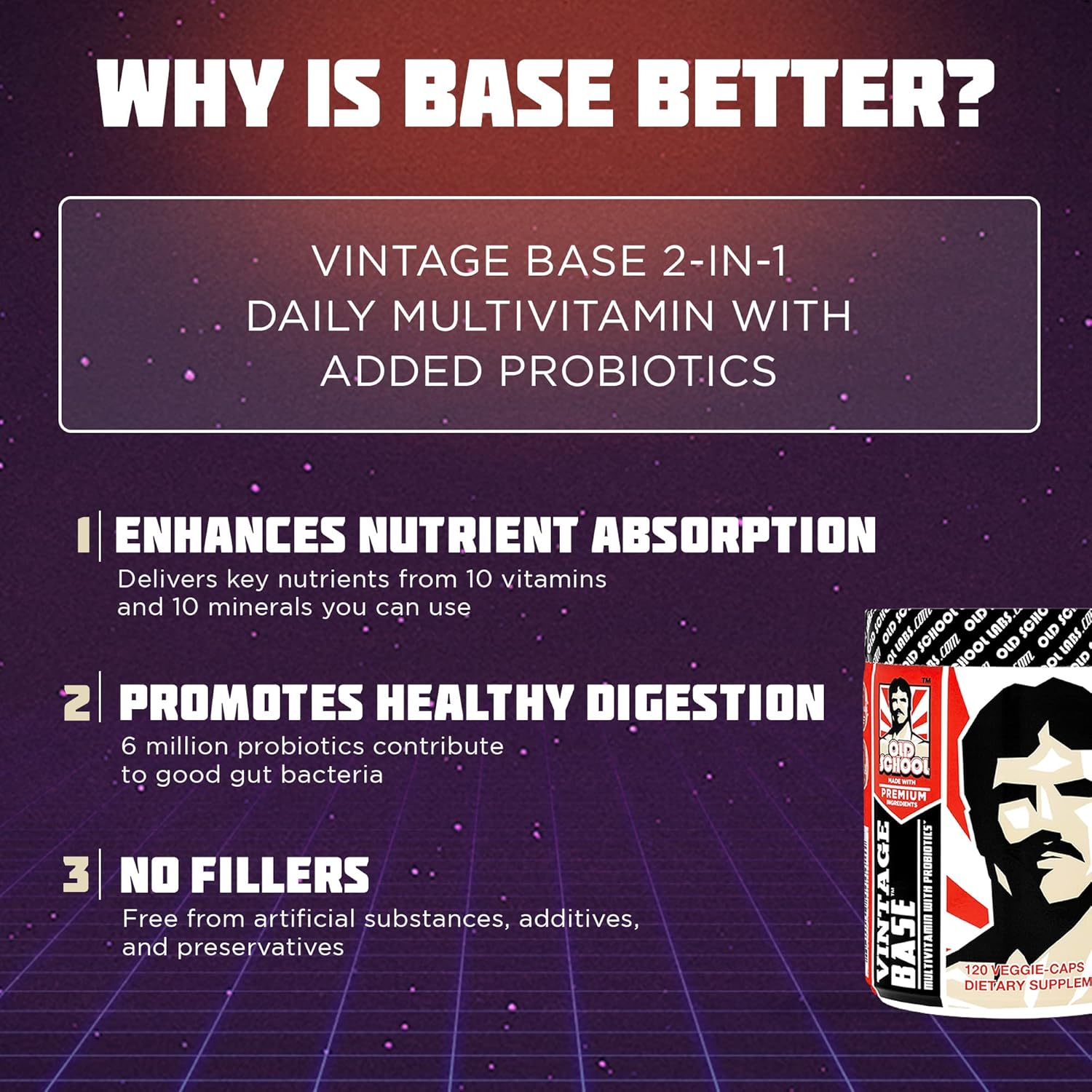 Old School Labs Vintage Base 2-in-1 Multivitamin & Probiotic - Daily Vitamins & Minerals for Digestion and Immune Support - 120 Veggie Capsules
