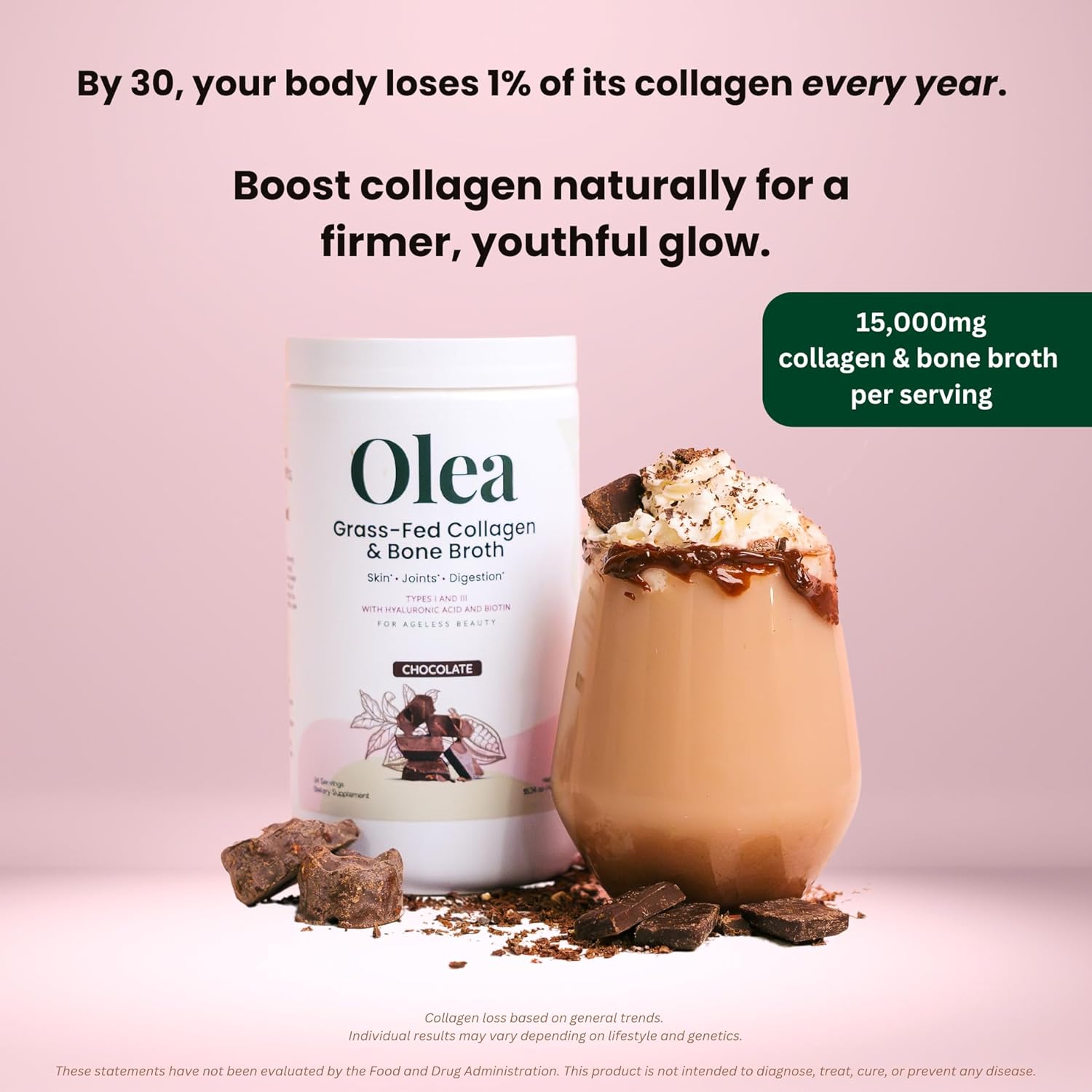 Olea Advanced Collagen & Bone Broth Powder - 10g Collagen, 5g Bone Broth, Hyaluronic Acid, MSM, Probiotics, Enzymes - Skin, Hair, Nails, Joints, Gut Health - Rich Chocolate Flavor
