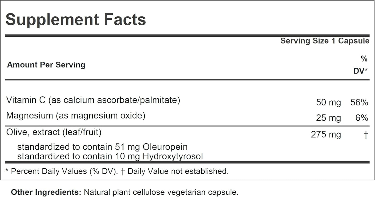 Olive Complex Capsules - 120 Count - Standardized Leaf & Fruit Extracts for Cardiovascular & Immune Health - Easy to Swallow Size