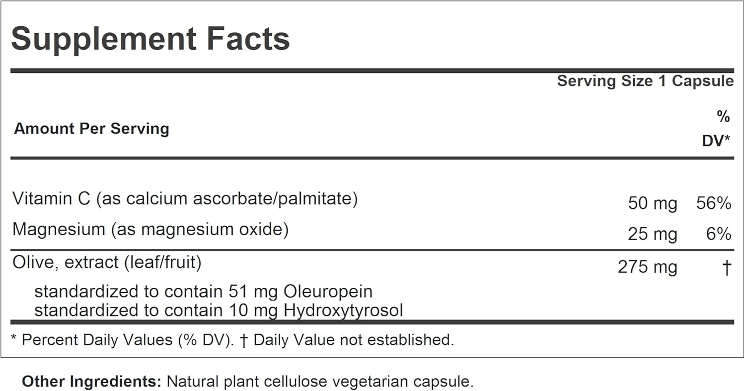 Olive Complex Capsules - 120 Count - Standardized Leaf & Fruit Extracts for Cardiovascular & Immune Health - Easy to Swallow Size