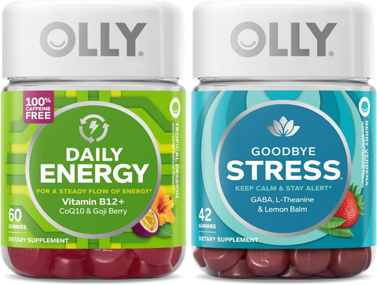 OLLY Daily Energy and Goodbye Stress Starter Pack Bundle - Boost Energy Levels, Reduce Stress, 60 and 42 Count