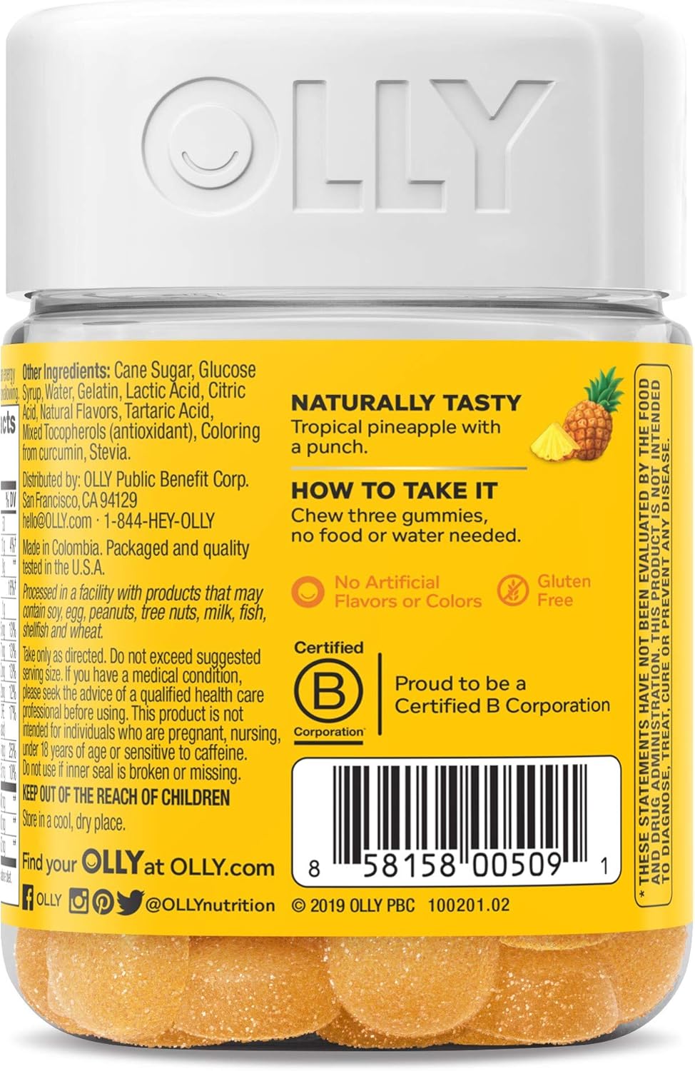 OLLY Energy Gummy with Green Tea Caffeine & B Vitamins, L Theanine, Pineapple Flavor - 30 Ct