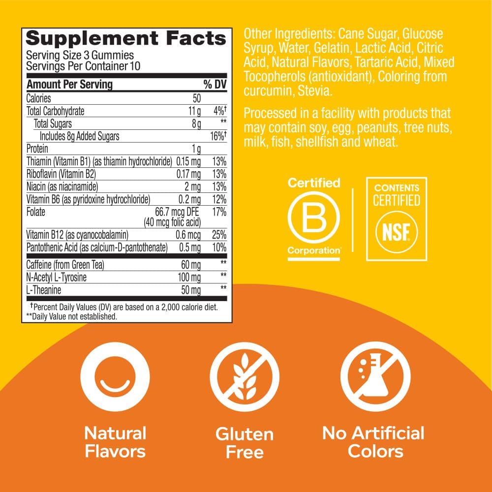 OLLY Energy Gummy with Green Tea Caffeine & B Vitamins, L Theanine, Pineapple Flavor - 30 Ct
