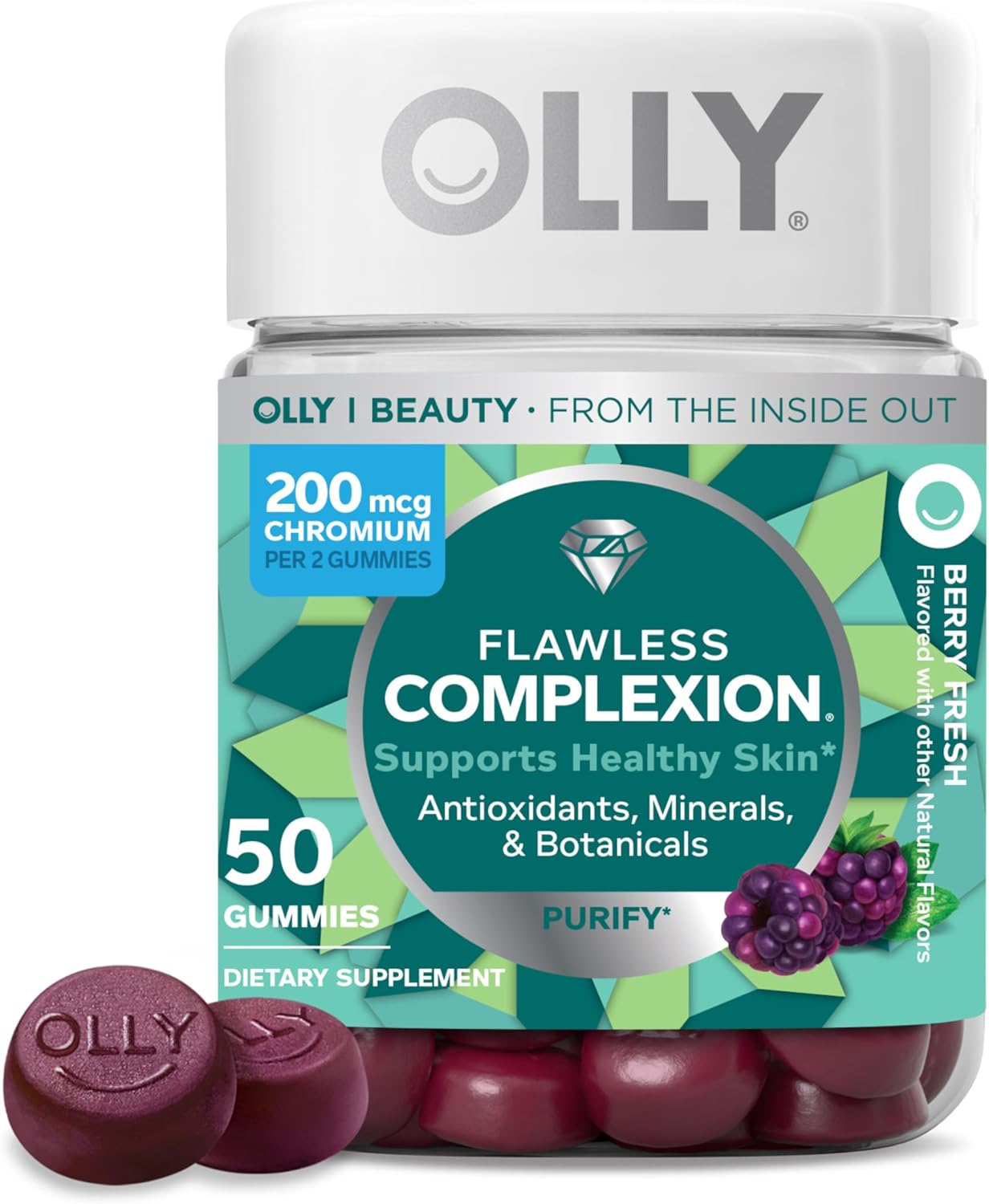 OLLY Flawless Complexion Gummy - Skin Support Supplement with Vitamins E, A, Zinc - Berry Chewables - 50 Count