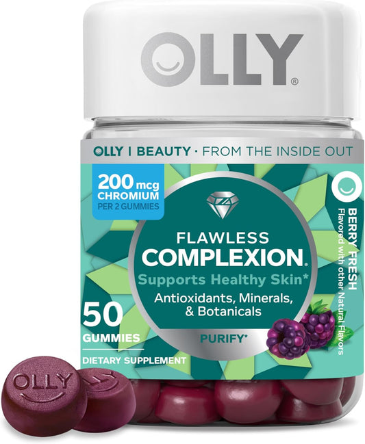 OLLY Flawless Complexion Gummy - Skin Support Supplement with Vitamins E, A, Zinc - Berry Chewables - 50 Count