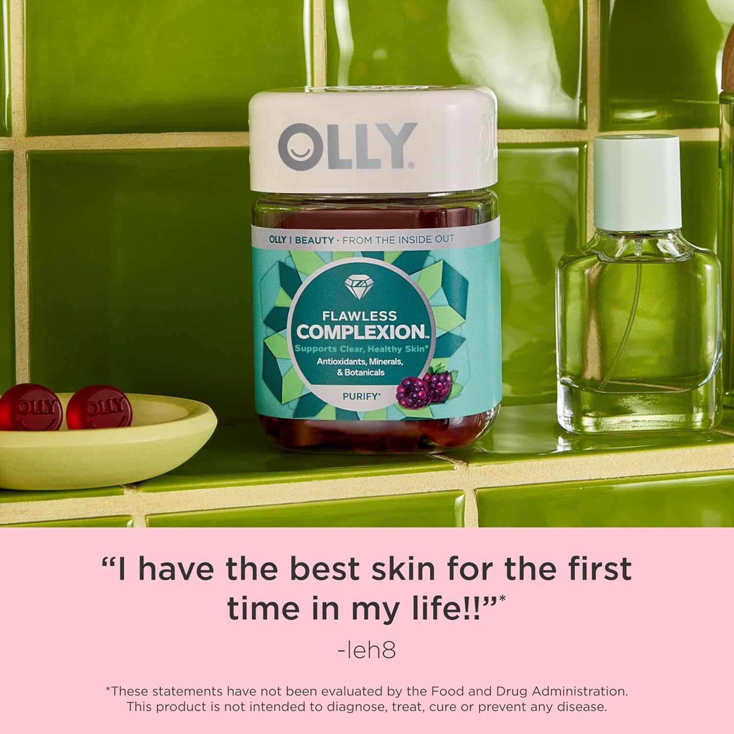 OLLY Flawless Complexion Gummy - Skin Support Supplement with Vitamins E, A, Zinc - Berry Chewables - 50 Count