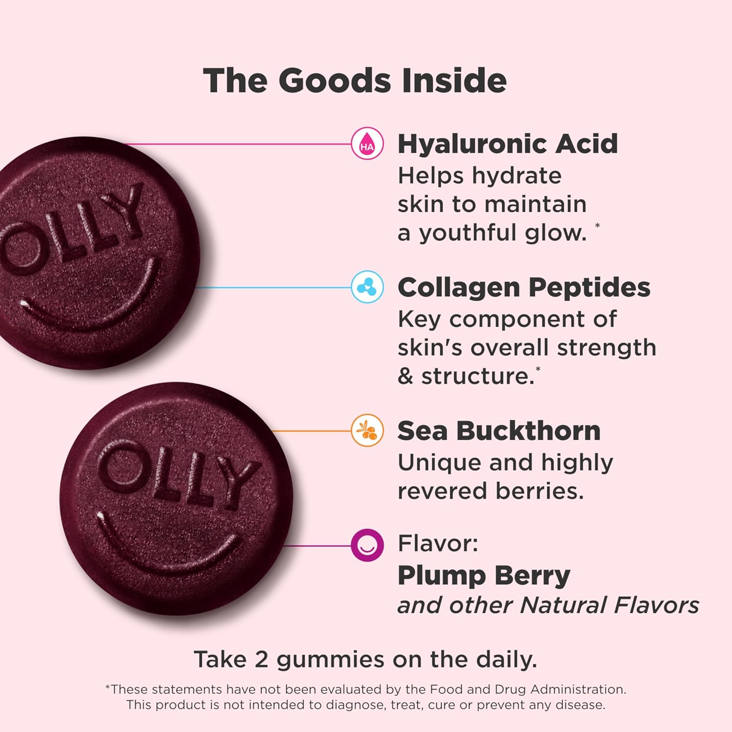 OLLY Glowing Skin Collagen Gummy with Hyaluronic Acid and Sea Buckthorn - Berry Flavor, 50 Count - 25 Day Supply