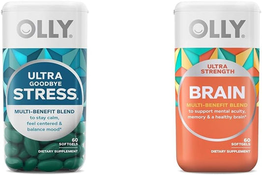OLLY Ultra Strength Goodbye Stress & Brain Softgels with GABA, Ashwagandha, L-Theanine, Lemon Balm - Nootropic Supplement for Memory & Healthy Brain Function