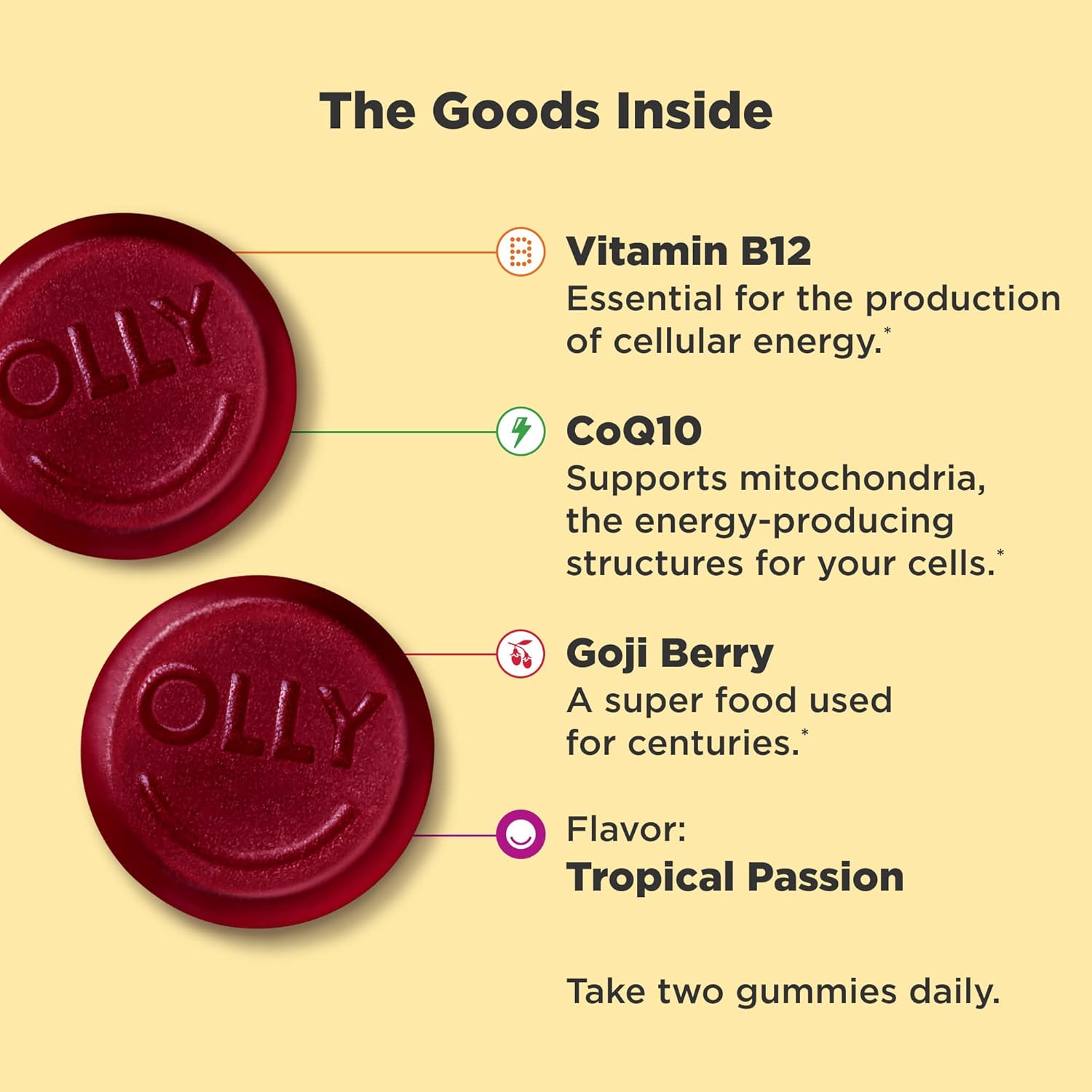 OLLY Undeniable Beauty Gummy with Vitamin B12, CoQ10, Goji Berry - Caffeine Free Gummy for Hair, Skin, Nails & Daily Energy