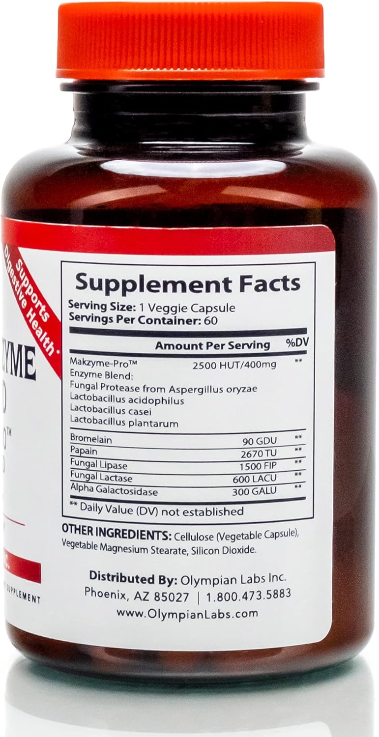 Olympian Labs Makzyme-Pro Enzymes - 60 Capsules, Breaks Down Proteins, Carbs, Fats, Oil & Milk - 60 Servings