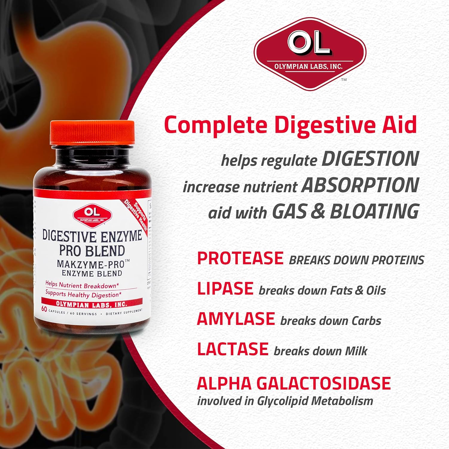 Olympian Labs Makzyme-Pro Enzymes - 60 Capsules, Breaks Down Proteins, Carbs, Fats, Oil & Milk - 60 Servings