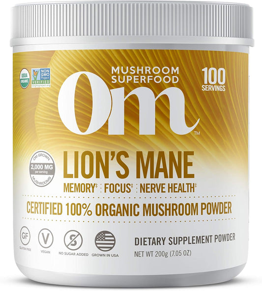 Om Organic Mushroom Nutrition Lion's Mane: Memory, Focus, Nerve Health Supplement - 100 Servings - 7.14oz (200g)