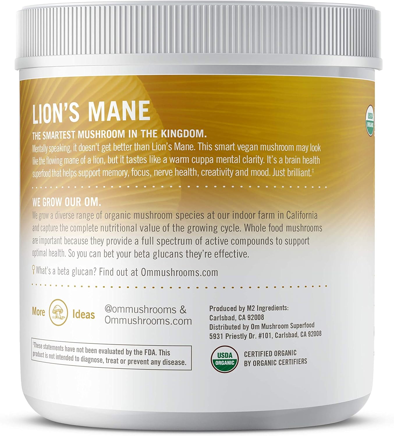 Om Organic Mushroom Nutrition Lion's Mane: Memory, Focus, Nerve Health Supplement - 100 Servings - 7.14oz (200g)