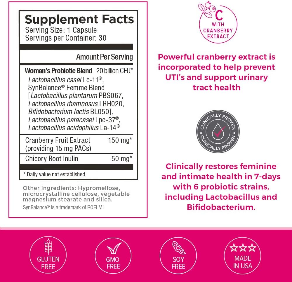 Omax Women's Probiotic + Prebiotic with Cranberry & Chicory Root - 20 Billion CFU, 90 Vege Capsules, 6 Strains for Vaginal Health, UTI, Bloating