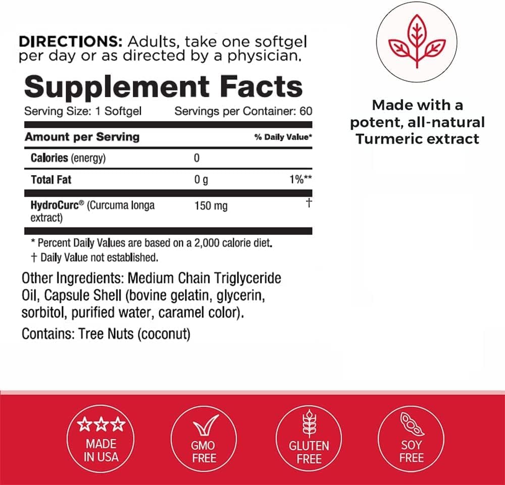 Omax3 HydroCurc Turmeric Curcumin Softgels 3-Pack with MCT Oil Nanoparticle for Joint Health - 180 Softgels