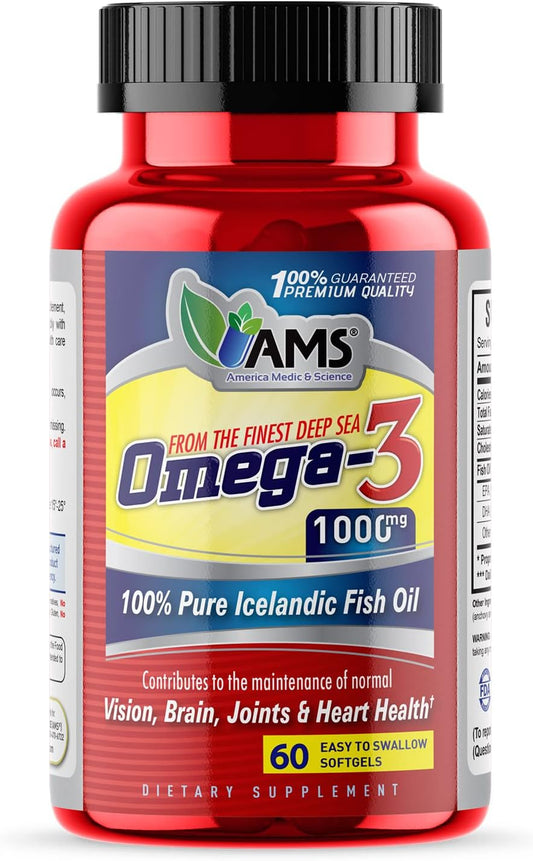 Omega-3 1000mg Dietary Supplement with EPA and DHA | Pure Icelandic Fish Oil Softgels for Vision, Brain, Joints, and Heart Health | Men and Women | America Medic & Science